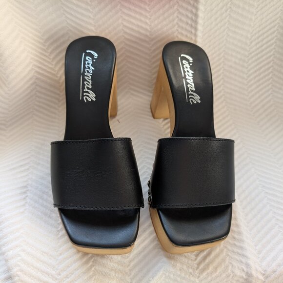 L’Intervalle Platform slide mules Clogs Black Leather with studs Wooden, Sz 38 - Picture 3 of 10